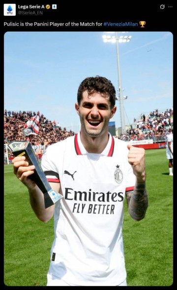 意甲官方:普利西奇当选威尼斯vs米兰一役全场最佳球员